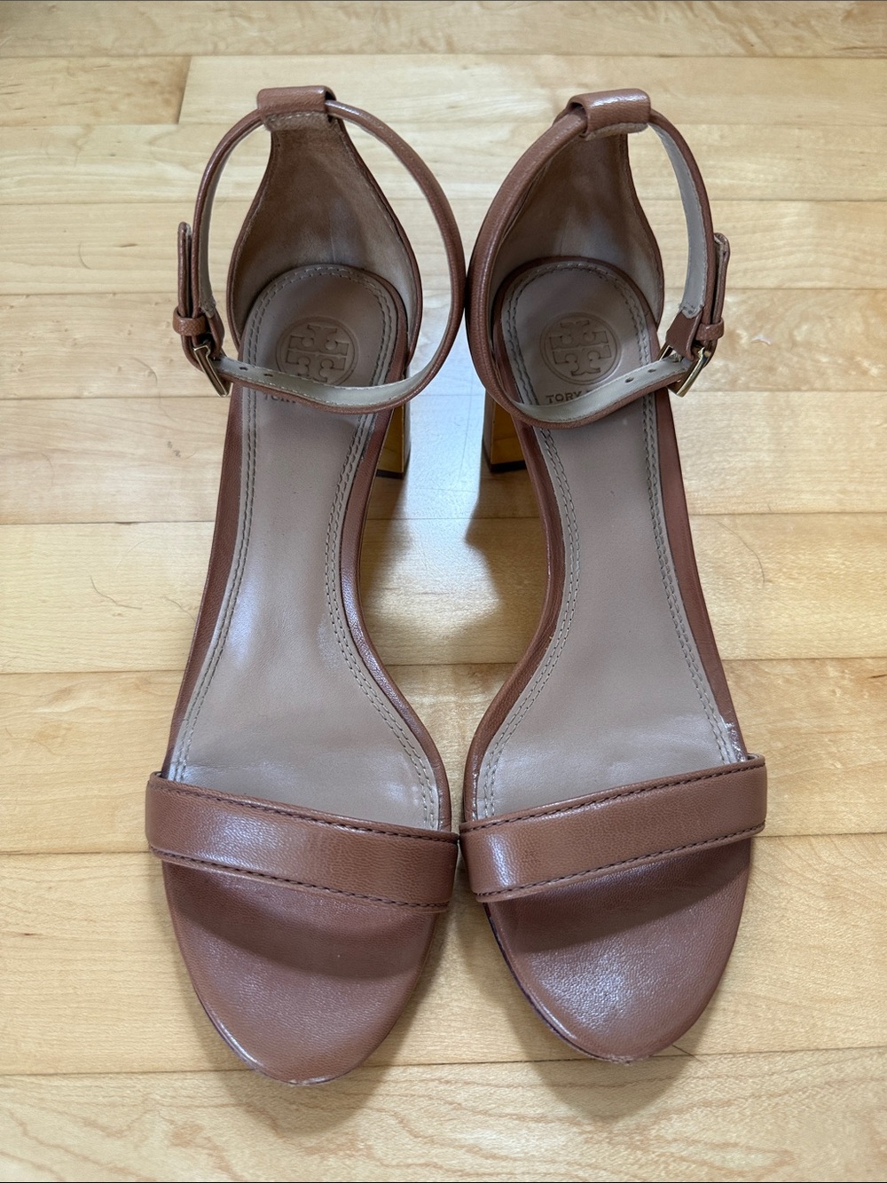 Tory Burch Nude Leather Block Heel Sandals | Ankle Strap | 2" Heel | Size 7